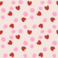 Red hearts and pink dots seamless pattern on off white background. Love, wedding, romance, mother's day simple minimal background. Design for textile and paper.