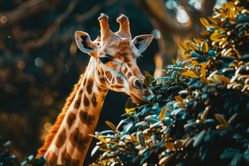 Obraz premium A giraffe stands amidst greenery in a forest, reaching up to munch on leaves, captured with sunlight highlighting its graceful neck and head.