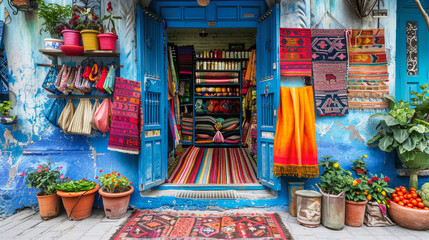 Fototapeta premium A vibrant and colorful image of a textile shop displaying various fabrics and decorations, inviting and lively atmosphere reflecting cultural diversity.