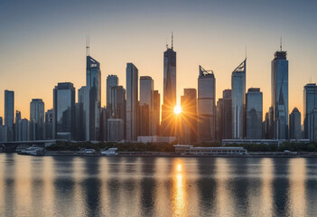 Obraz premium A panoramic cityscape at sunrise 