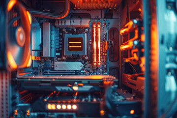 An efficient and modern computer build with glowing components, representing advanced technology, innovation, digital expertise, and computing power. - Powered by Adobe