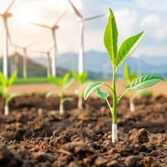 Young plant growing in fertile soil with wind turbines in the background under a sunny sky, symbolizing renewable energy and sustainability.