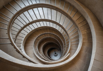 Fototapeta premium A spiral staircase made of polished stone, leading upwards into a mysterious tower. 