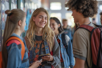 Fototapeta premium A group of students are standing in a hallway, some of them smiling