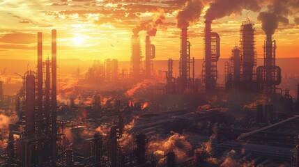 Fototapeta premium Oil refinery and petrochemical plant with towering columns against a sunrise backdrop, casting an ethereal glow in the industrial landscape. 
