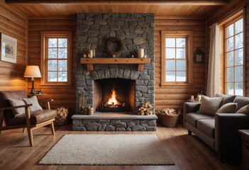  A cozy cabin interior with a crackling fireplace, casting warm shadows on the walls. 