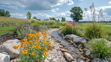 rain garden: planted with native plants, tolerates wet and dry conditions. Innovative water management, eco-friendly garden design
