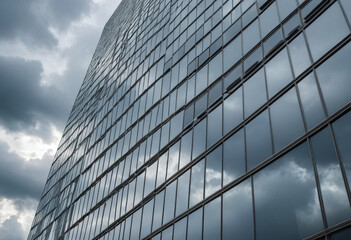 Fototapeta premium A dramatic sky filled with storm clouds reflected in the windows of a skyscraper. 