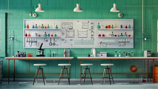 A well-lit chemistry lab with two work stations and white stools. A large whiteboard with scientific diagrams is on the wall above a variety of beakers and test tubes on shelves.
