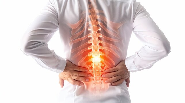 Man holding back in pain with highlighted spine, indicating back pain, spinal health issues or injury.