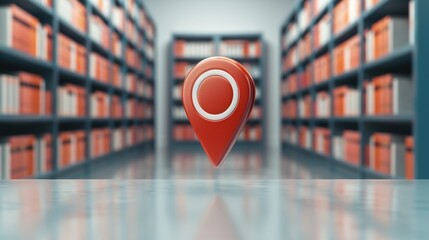 Red location pin in a library aisle with shelves filled with books, illustrating navigation, organization, and search concepts.