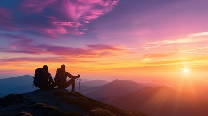 Obraz premium Silhouettes of two hikers sitting atop a mountain, enjoying a vibrant sunset with colorful sky and scenic mountain views in the background.