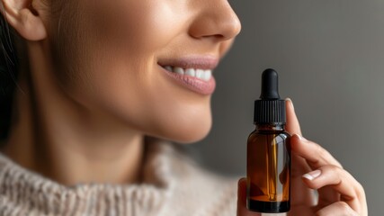 Fototapeta premium Banner open serum bottle in womans hands side view. The concept of natural cosmetics, body care, spa treatments.