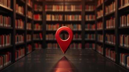A red location pin icon placed in a library aisle, symbolizing navigation, search, and knowledge amidst rows of books on shelves.