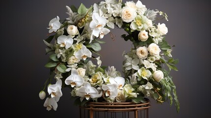 Elegant white floral wreath with orchids and roses, perfect for a wedding or special event.