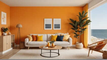 Modern living room interior with sofa and orange pastel walls