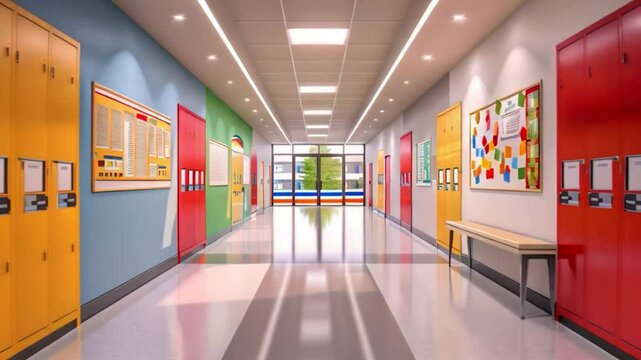 A brightly colored school hallway with rows of yellow and red lockers, bulletin boards, and a view of a green outdoor space through a large window.