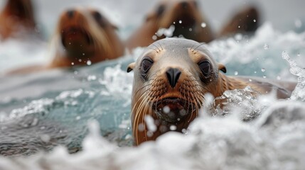 Fototapeta premium A group of lively sea lions are seen playfully swimming and splashing water, with one sea lion in particular looking directly at the camera lens, capturing the moment.