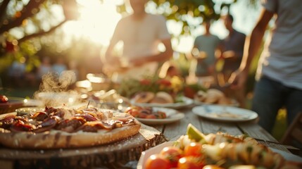 An inviting outdoor garden party showcases a wooden table filled with a delicious and diverse food spread, as guests in the blurred background enjoy the sunny afternoon.