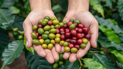 Hands holding fresh coffee cherries of different ripeness stages, highlighting the natural farm-to-cup process in a lush coffee plantation.