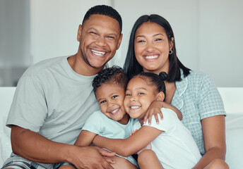 Happy family, parents and portrait of children in bedroom for connection, support and laughing...