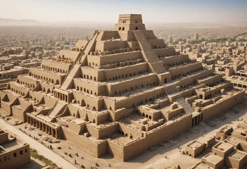  A mudbrick ziggurat rising above a bustling Mesopotamian city. 