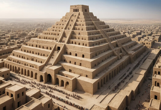  A mudbrick ziggurat rising above a bustling Mesopotamian city. 