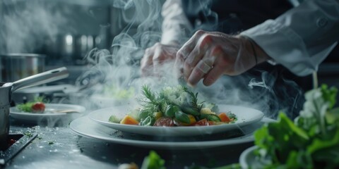 A chef prepares a meal in a well-equipped kitchen, useful for food-related content