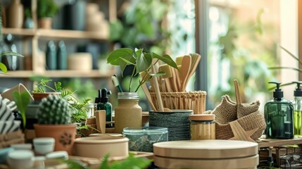 Fototapeta premium Eco-friendly products displayed on a table, emphasizing the importance of choosing green alternatives