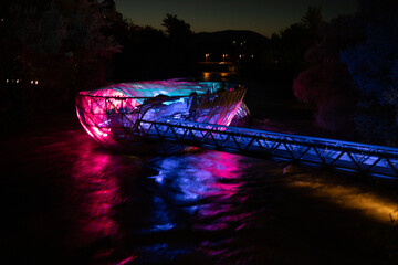 Murinsel Graz, restaurant and attraction in the city of Graz in Austria. Unusual restaurant on the river