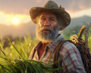 Fototapeta premium Experienced Agriculturist Harvesting Abundant Crops in a Lush Green Field, Embracing the Cycle of Growth and Renewal, A Symbol of Sustainable Farming and Nature's Bounty