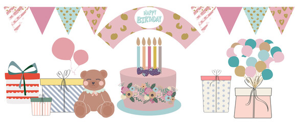 Happy birthday illustration with cake, teddy bear, gift boxes, balloons. Horizontally banner.