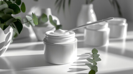 The revitalizing cream jar on a white table, surrounded by green leaves, bright and fresh scene, skin care concept