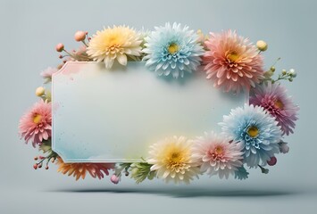 yellow Chrysanthemum flowers and blank label for text, isolated on a light blue background