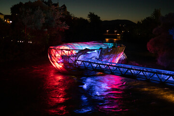 Murinsel Graz, restaurant and attraction in the city of Graz in Austria. Unusual restaurant on the river