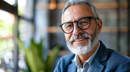 Fototapeta premium Portrait Of Smiling Senior Businessman In Modern Office Wearing Eyeglasses Looking At Camera Happy Mature Age Man With Grey Hair And Beard Indoors Headshot Closeup