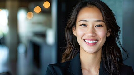 Fototapeta premium Portrait of Beautiful Smiling Young Asian Businesswoman in Office Building Lobby