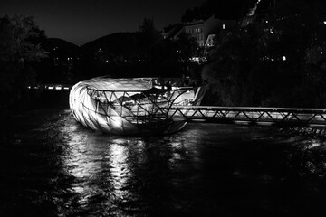 Murinsel Graz, restaurant and attraction in the city of Graz in Austria. Unusual restaurant on the river