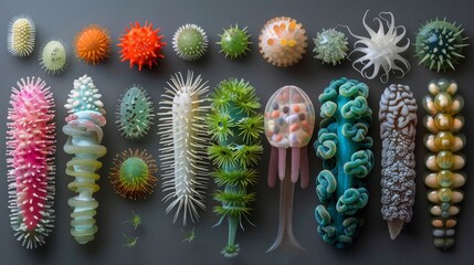 A detailed illustration of various bacteria showcasing different types, colors, and structures, highlighting biological diversity.