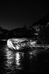  Murinsel Graz, restaurant and attraction in the city of Graz in Austria. Unusual restaurant on the river