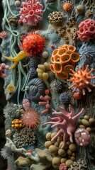 Close-up display of various colorful bacteria and marine microorganisms showcasing biodiversity in a scientific exhibit.