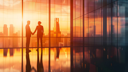 Entrepreneurs business people shaking hands network modern office conference room corporation cityscape view successful partnership deal collaboration partner contract work businessman concept