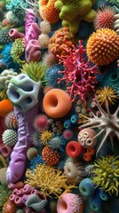 Close-up view of various colorful microorganisms and bacteria, showcasing diverse organic structures and textures.