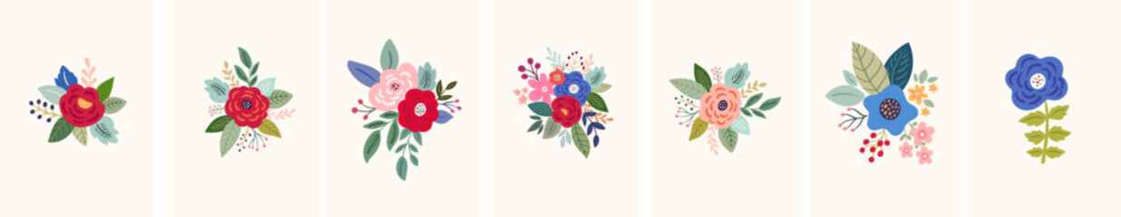 Beautiful romantic flower collection with roses, leaves, floral bouquets, flower compositions.	
