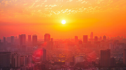 Fototapeta premium Aerial View Of City Skyline With Skyscrapers At Sunset Cityscape Urban Landscape Buildings Dusk Dawn Golden Hour Orange Sky Metropolis Architecture High Rise Towers Modern Business District China Asia