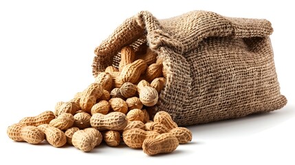 Vibrant Peanuts in Burlap Sack on White Photography 