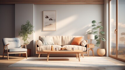 Cozy living room interior with sofa, armchair, and plants.