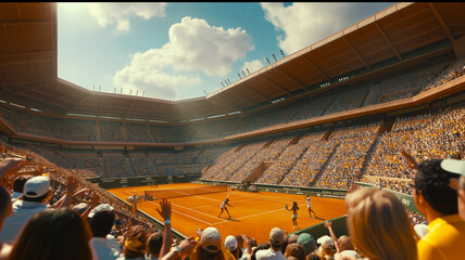 Exciting Tennis Match in a Packed Stadium