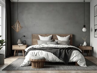 Gray and White Scandinavian Modern Bedroom Interior: 3D Rendering