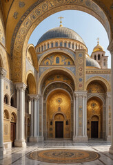 Fototapeta premium A majestic Byzantine cathedral adorned with golden mosaics and towering domes. 